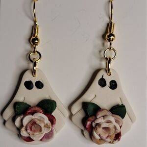 Floral Ghost Earrings with Gold Accents Clay